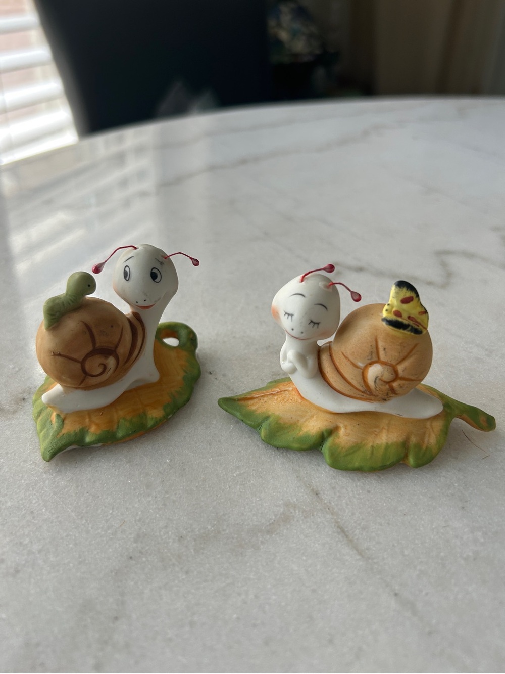 Vintage Ceramic Snail Figurine Set in Brown and Green